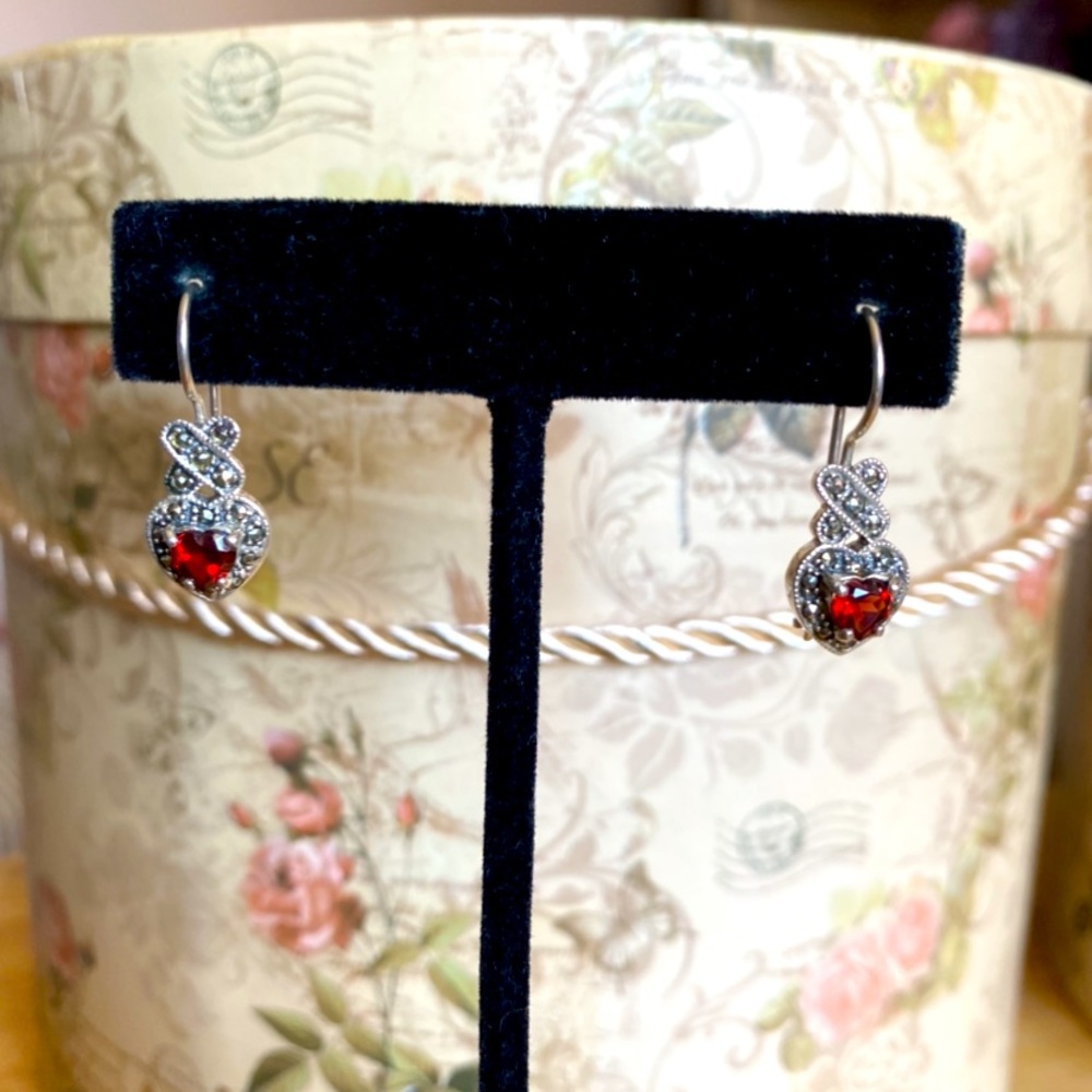 Sterling Silver Garnet Marcasite Heart Earrings